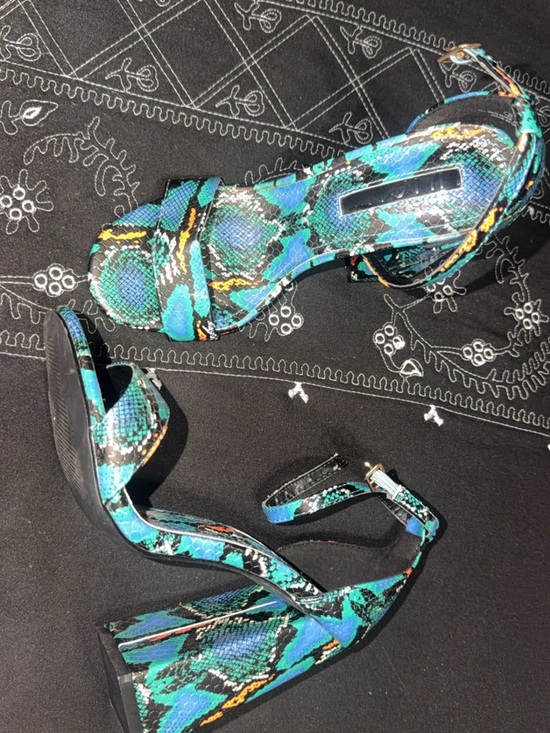 Liliana Shoes - Liliana Teal & Black Snake-Print Ankle Strap Heels